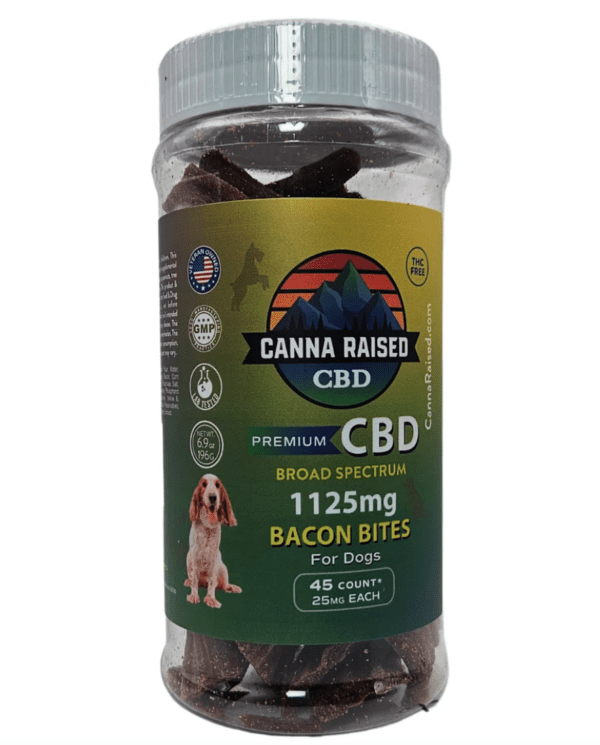 alt="canna raised bacon treats cbd dog bottle)