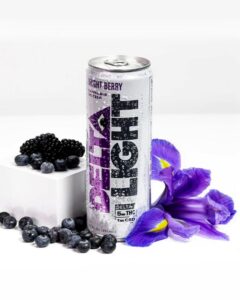 delta light berry can thc drink delta water with purple flower petals around it and white background