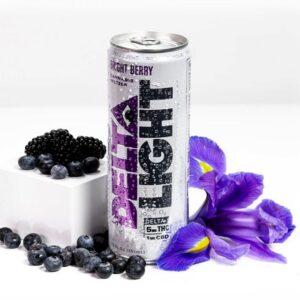 delta light berry can thc drink delta water with purple flower petals around it and white background